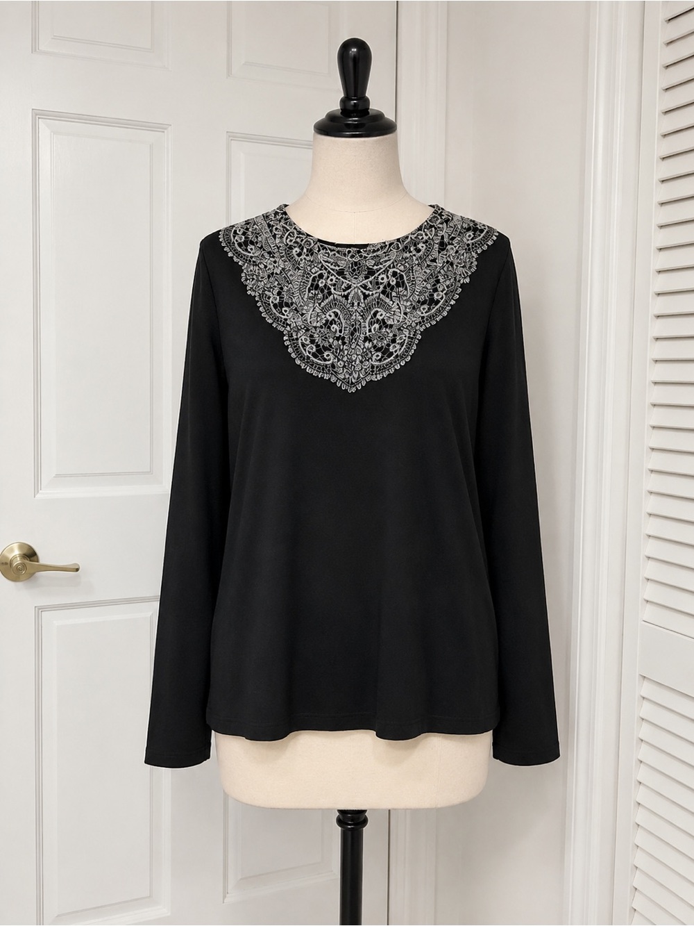 Kobi Halperin Black Long-Sleeve Top with Silver Embroidered Yoke